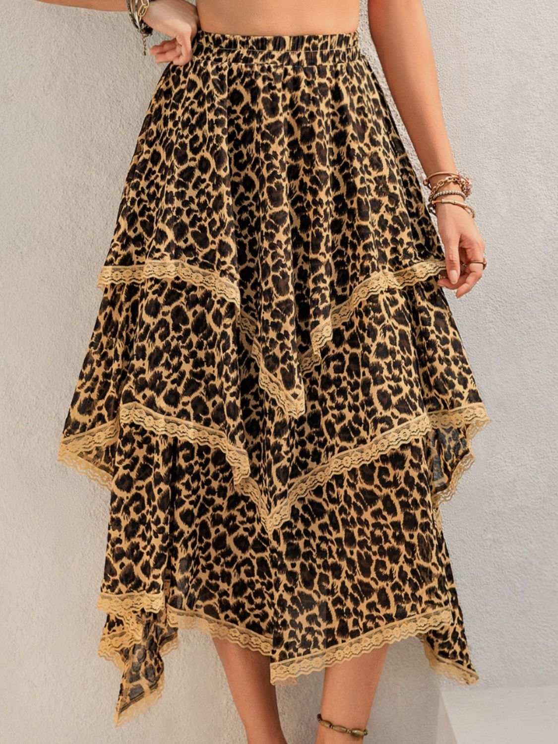 Lace Detail Layered Printed Skirt Leopard