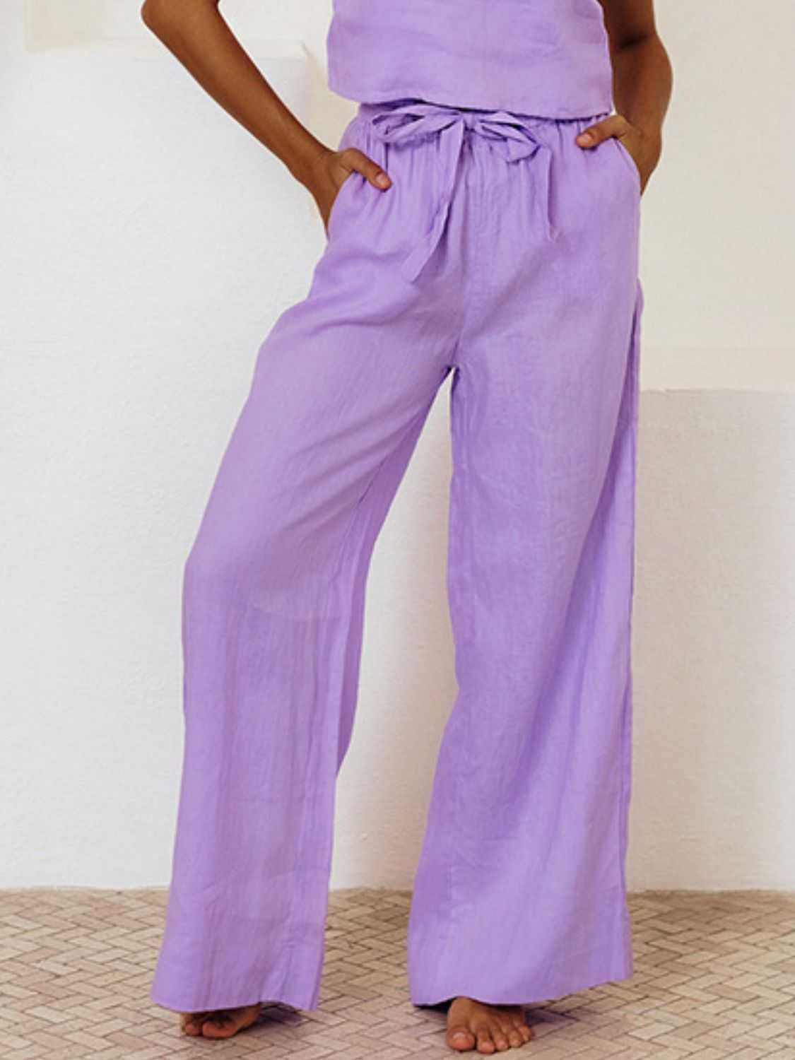 Square neck sleeveless top and pants set in purple, 100% cotton, tied and ruffled design.