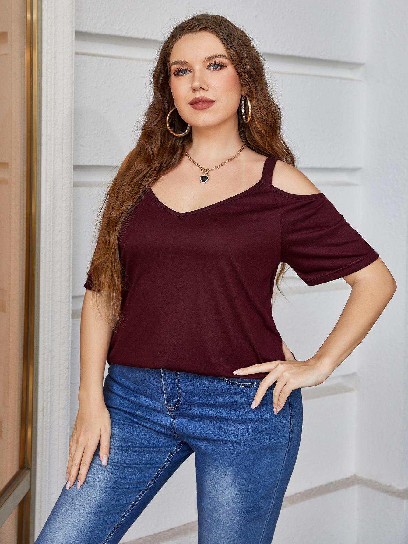 Plus size burgundy V-neck cold-shoulder blouse with short sleeves and casual fit