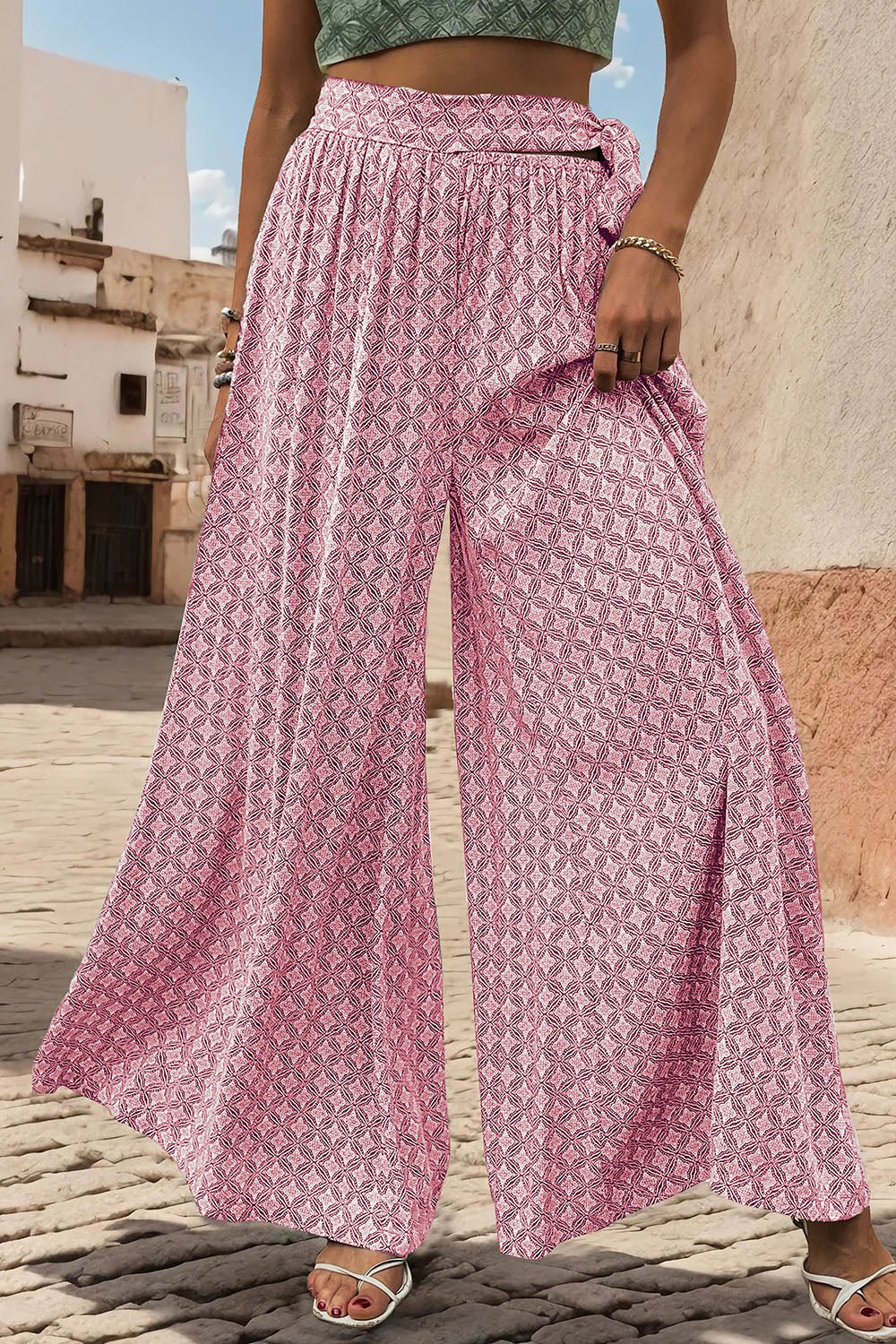 Perfee Printed Tied Wide Leg Pants