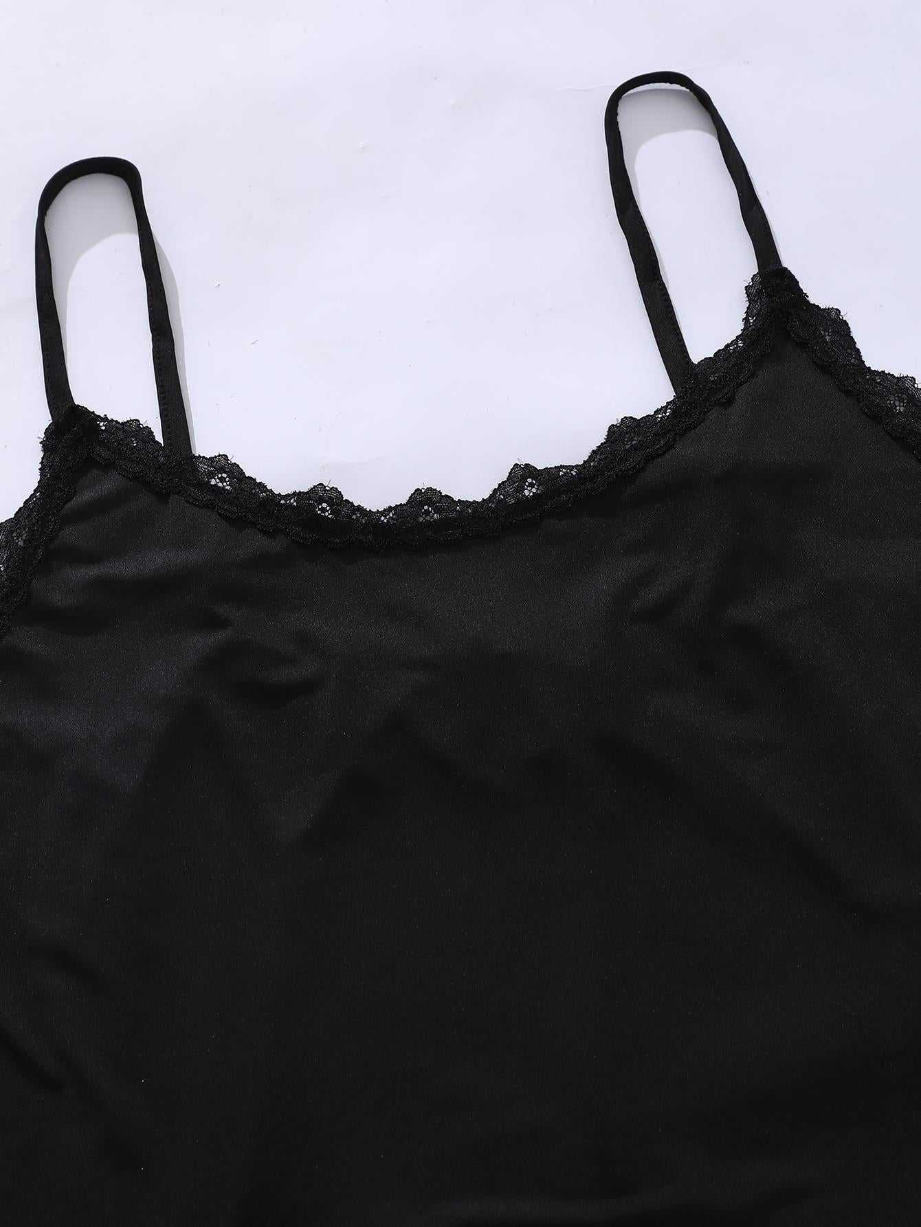 Plus size black lace trim scoop neck cami top.