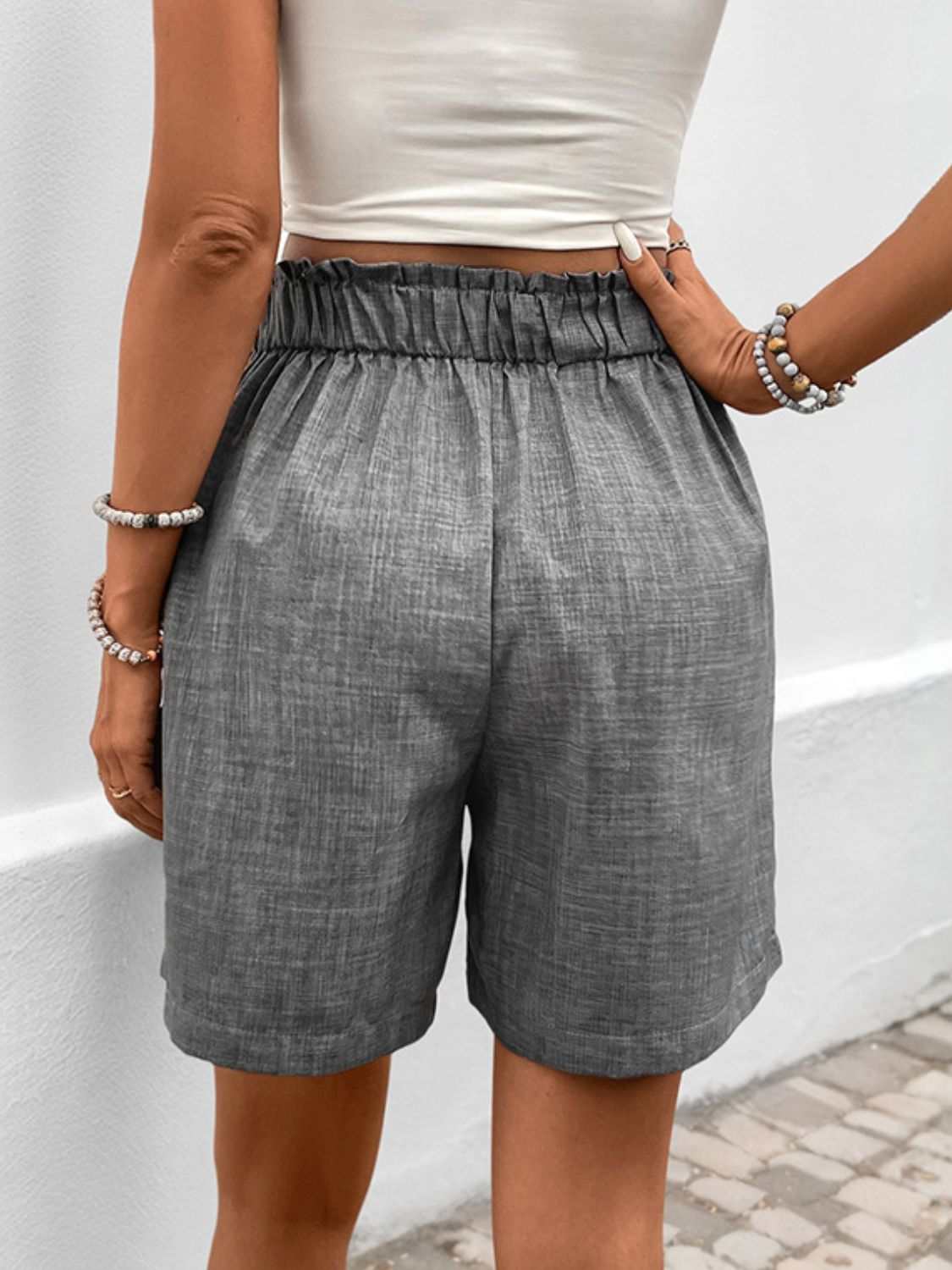 Perfee Frill Shorts with Pockets, buttoned, polyester, elastic waist.