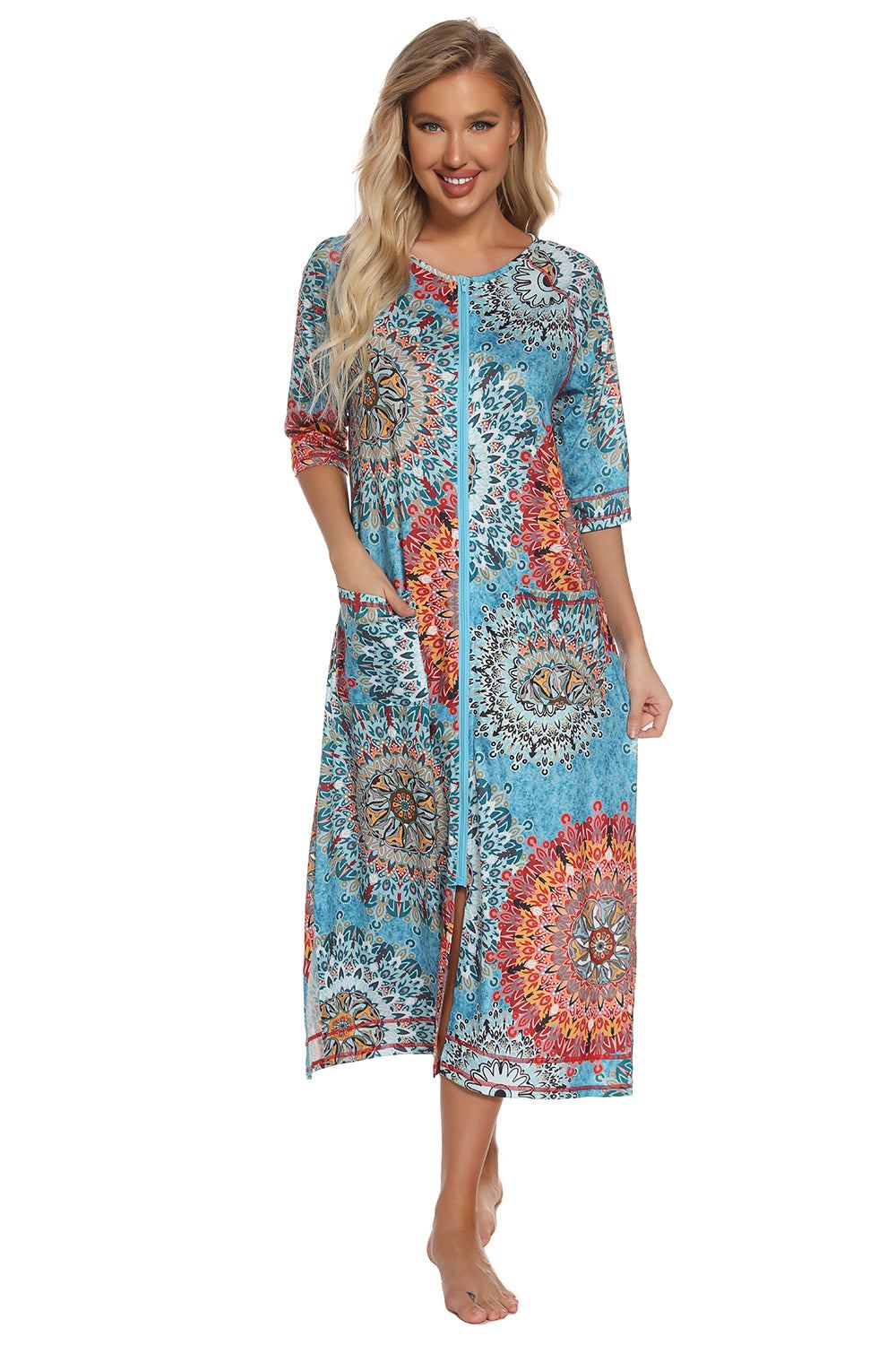 Printed slit night dress with pockets, 3/4 sleeves, colorful pattern, comfortable fit.