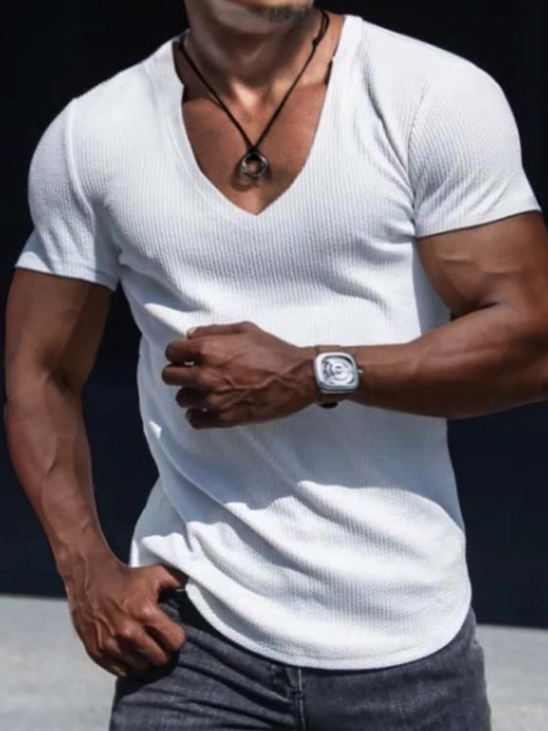 Men's full size notched short sleeve T-shirt in white, stretchy fit.