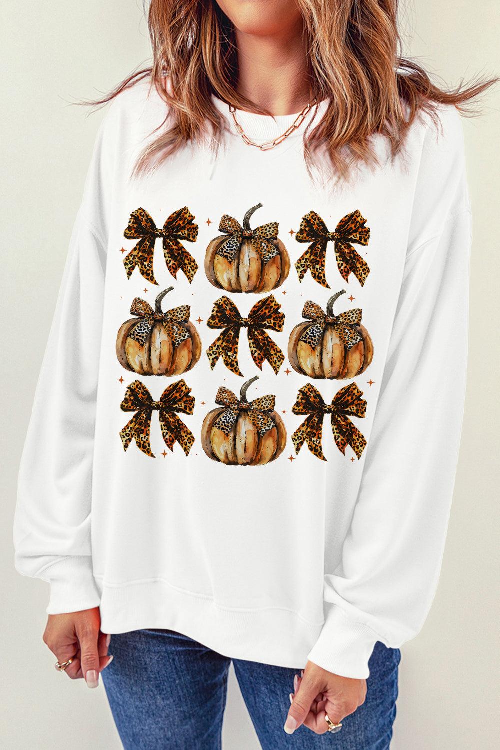 Pumpkin & Bow Graphic Long Sleeve Sweatshirt with no stretch in polyester-cotton blend.