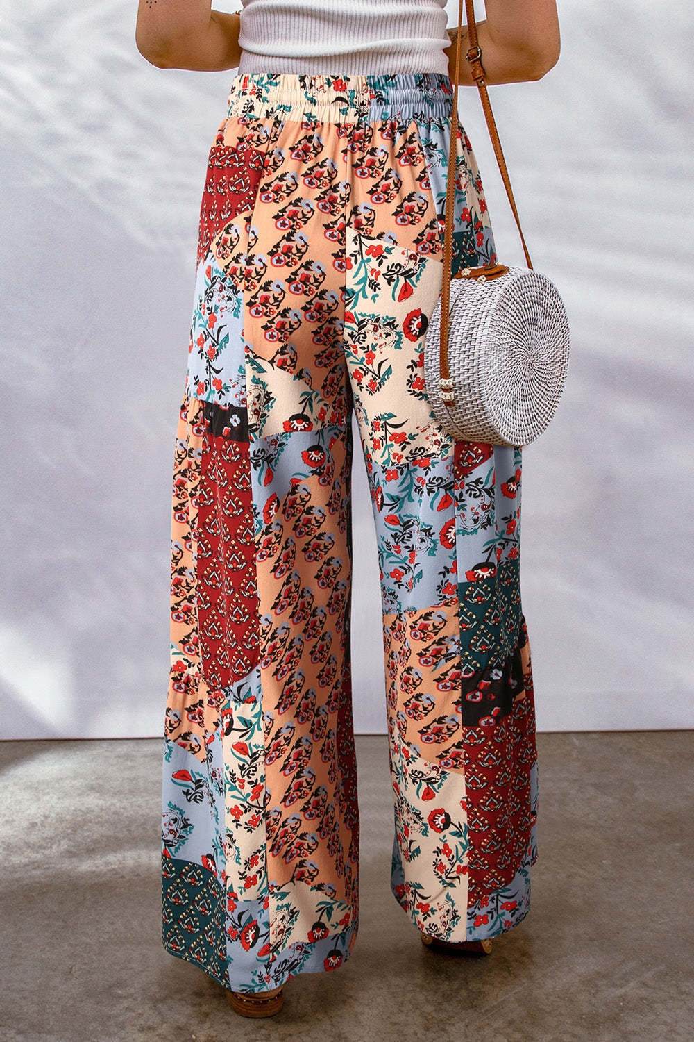 Full size drawstring printed wide leg pants in colorful patchwork design.