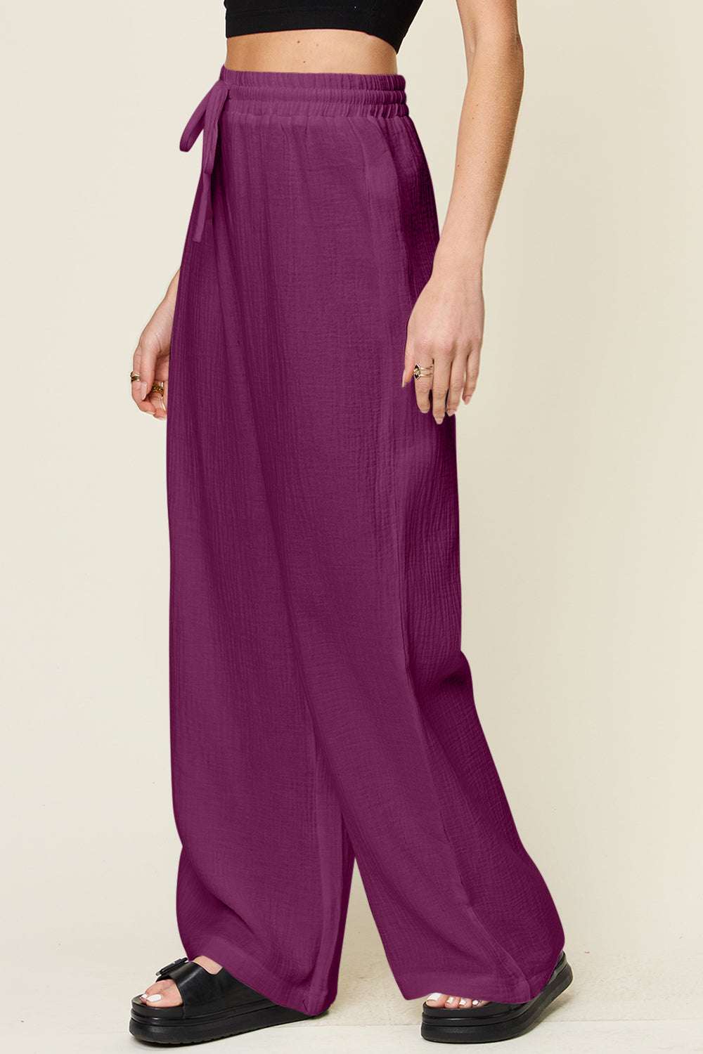 Double Take full-size wide leg purple pants with drawstring, 100% cotton.