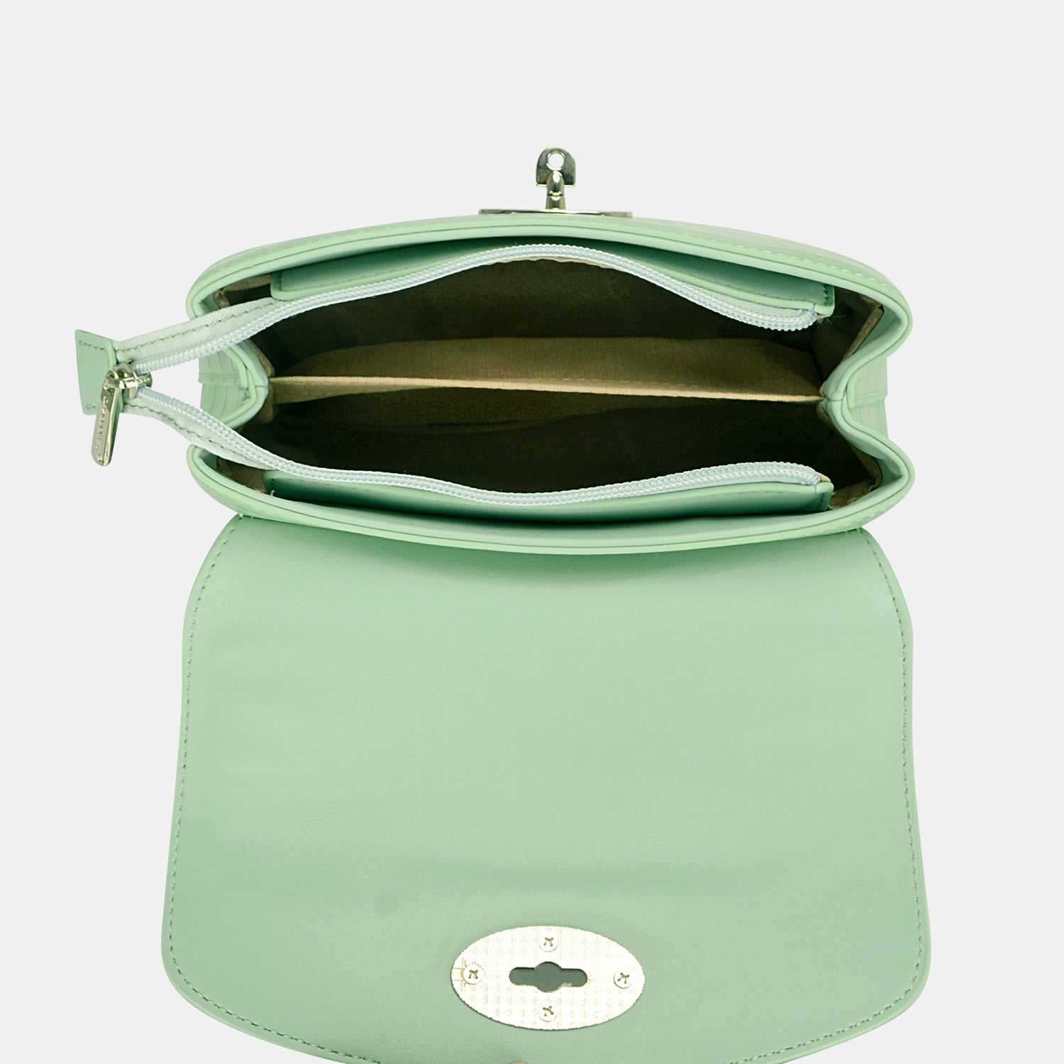 Mint green David Jones Texture PU Leather Handbag with open top view, small size, stylish and practical design.