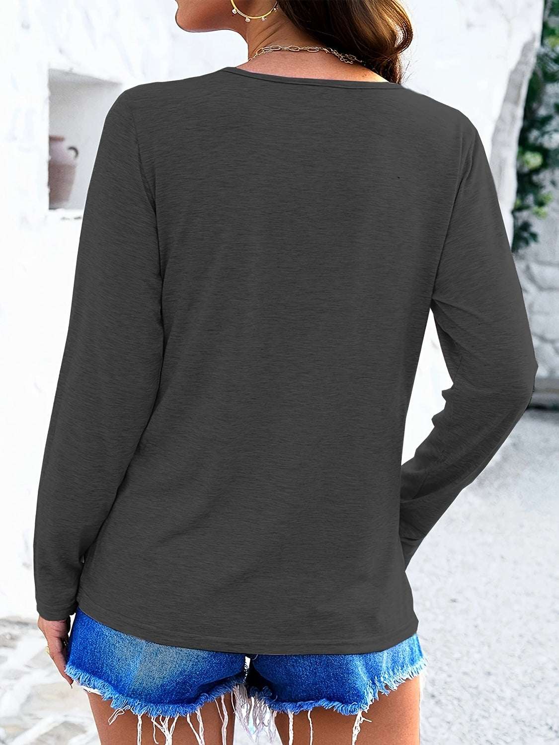 Crisscross V-Neck Long Sleeve T-Shirt in dark gray with basic style and slightly stretchy fabric.