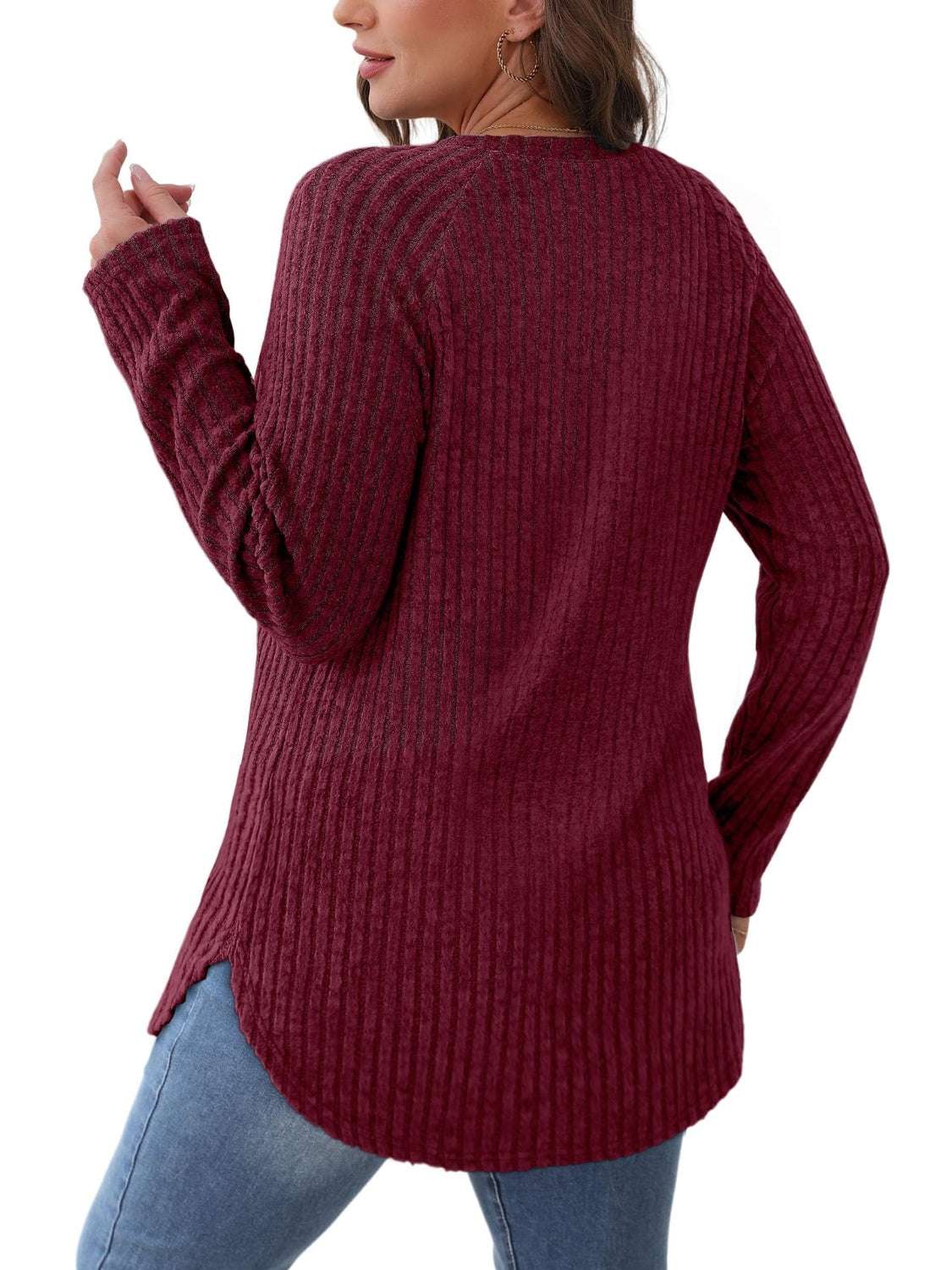 Round Neck Raglan Sleeve T-Shirt, maroon, slightly stretchy, rayon, polyester blend.