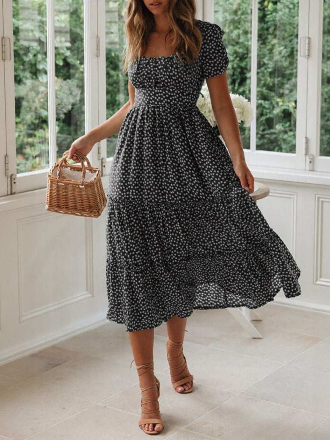 Printed Square Neck Short Sleeve Midi Dress - Securing Secrets Boutique LLC