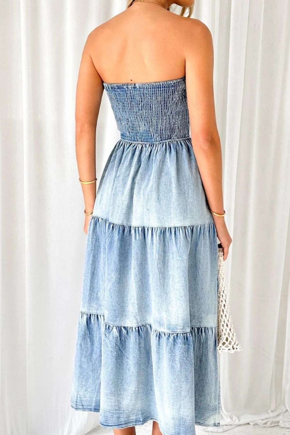 Smocked Tube Slit Tiered Denim Dress - Securing Secrets Boutique LLC