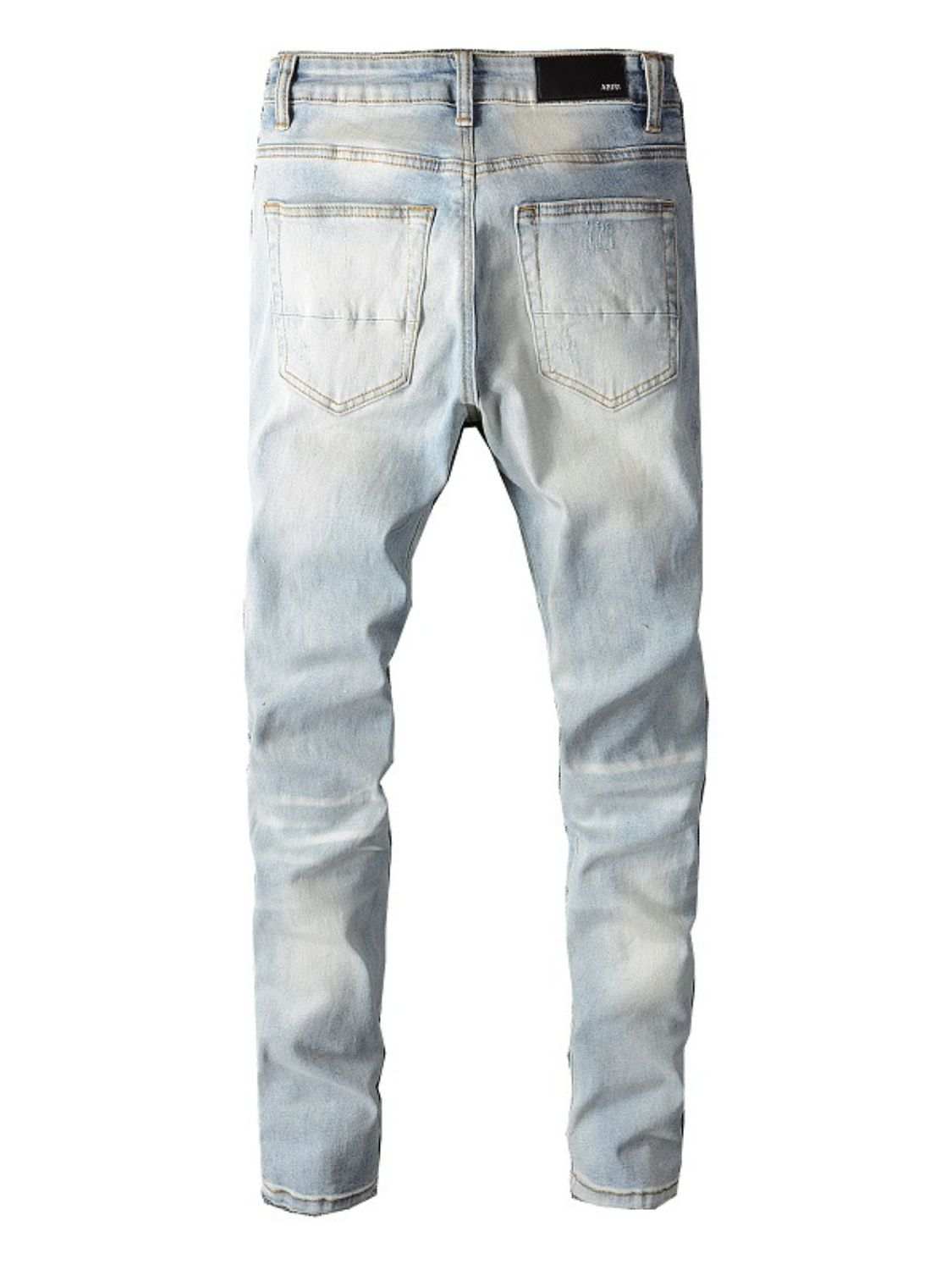 Men's distressed jeans with pockets, cotton-polyester blend, basic style.
