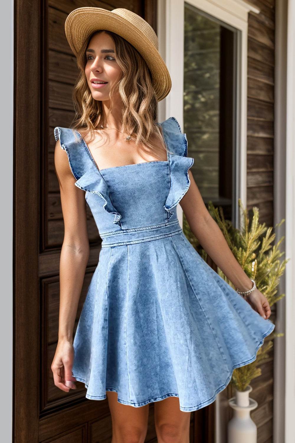 Ruffled square neck mini dress with flared skirt and sleeveless design.