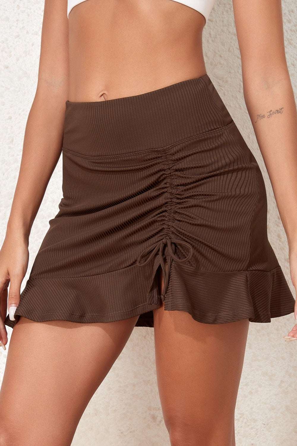 Ruched Elastic Waist Swim Skirt Brown