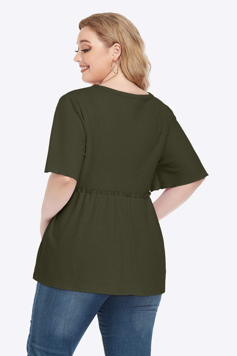 Plus size olive green buttoned V-neck frill trim babydoll blouse with flutter half sleeves.