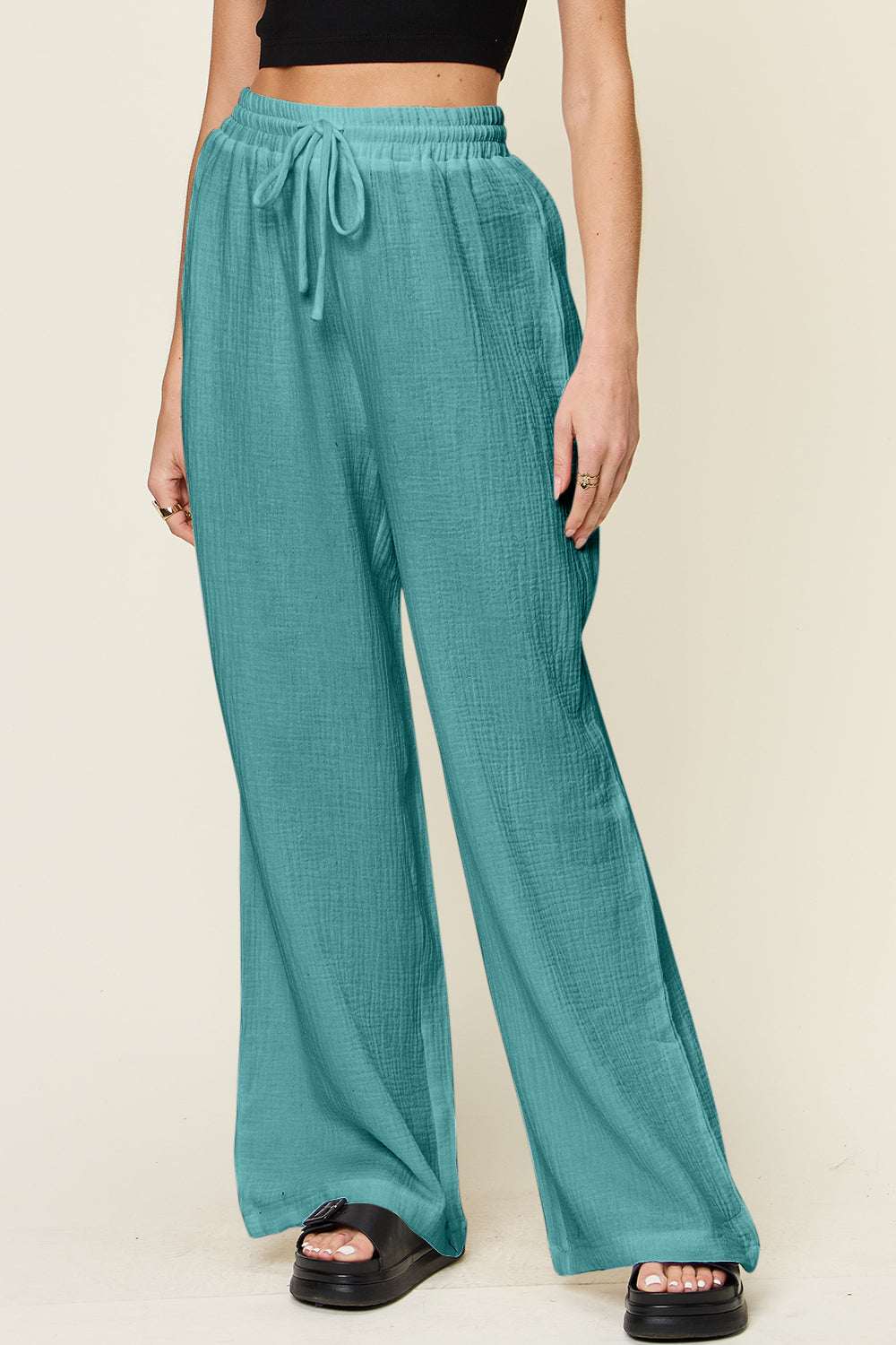 Wide leg pants with drawstring, textured cotton, Double Take.