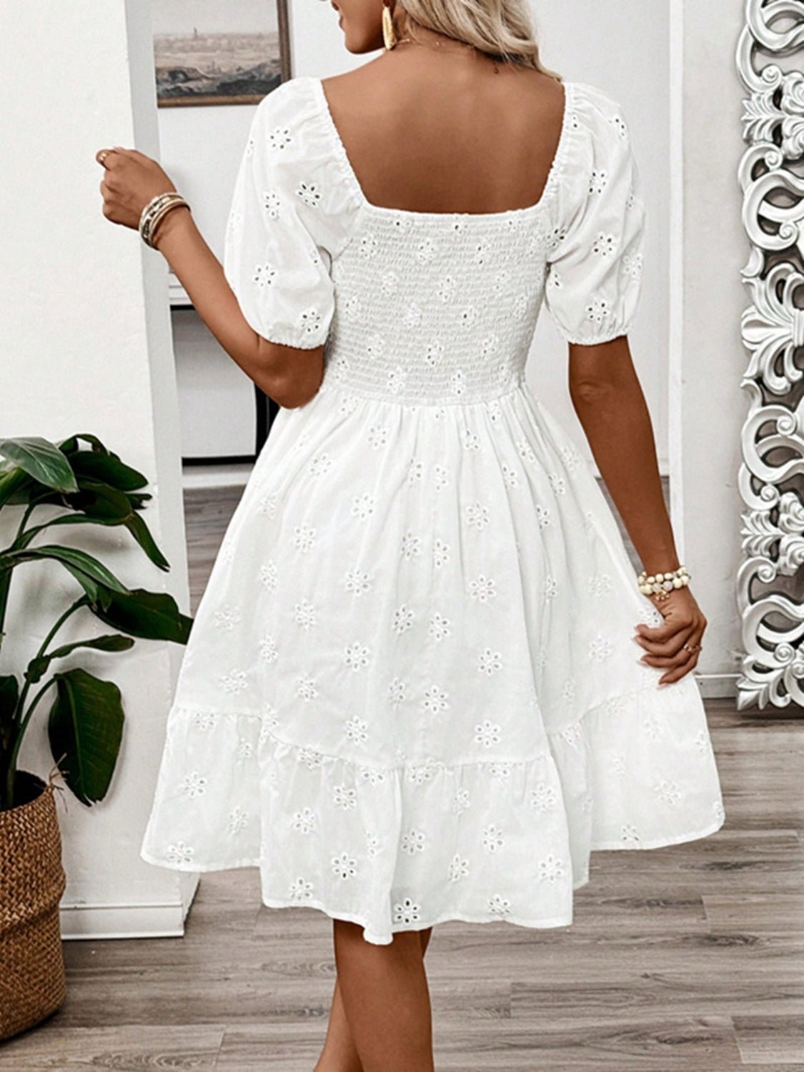 Smocked Eyelet Square Neck Puff Sleeve Mini Dress - Securing Secrets Boutique LLC