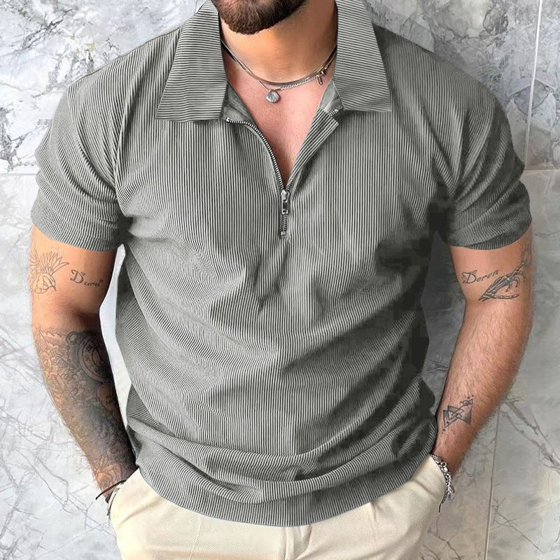 Solid Color Short Sleeve Men's Zipper Polo Shirt