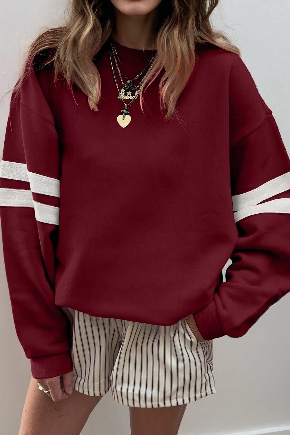 Fiery Red Varsity Striped Detail Drop Shoulder Oversized Sweatshirt