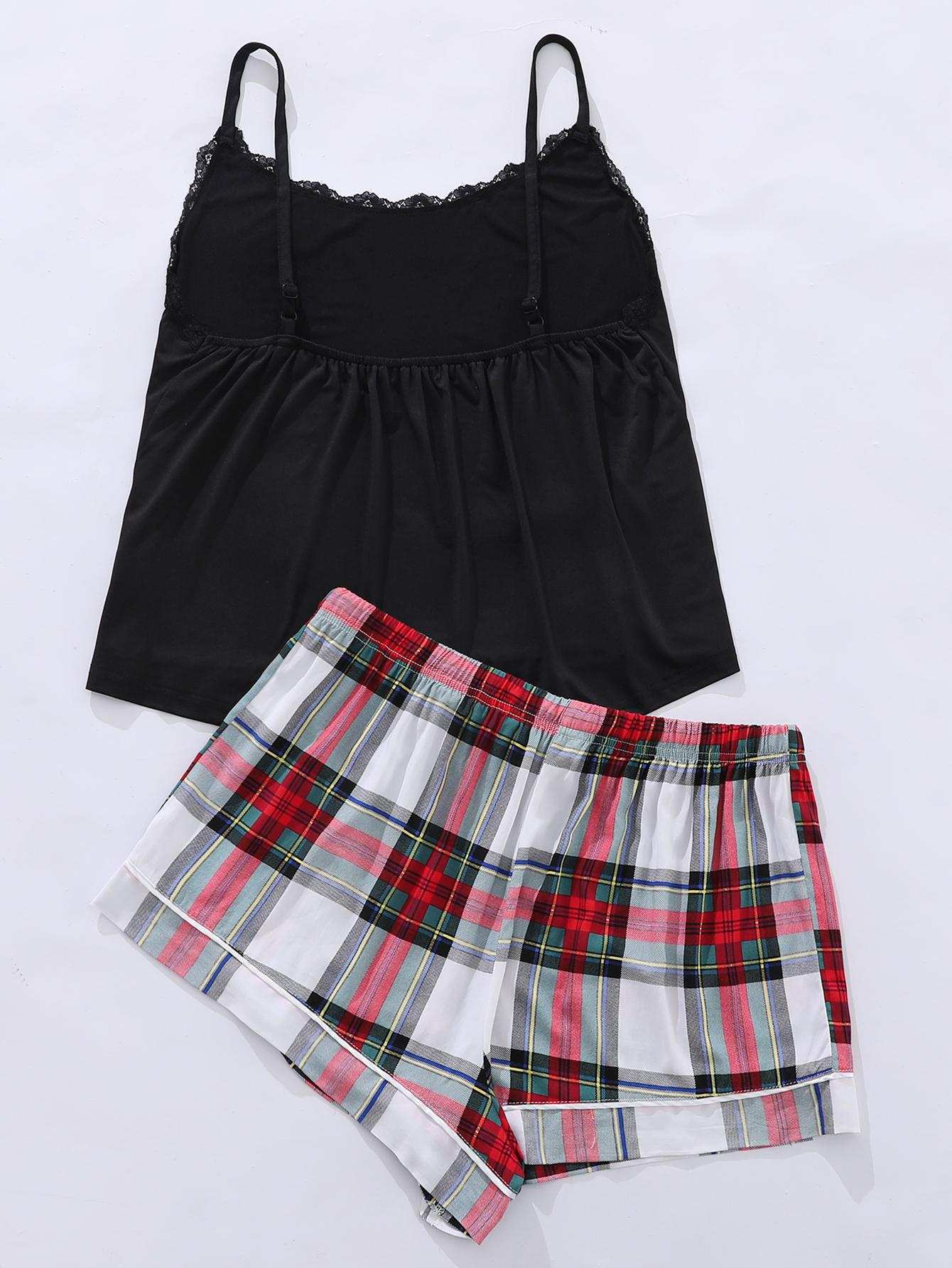 Plus size lace trim scoop neck cami with plaid printed shorts pajama set.