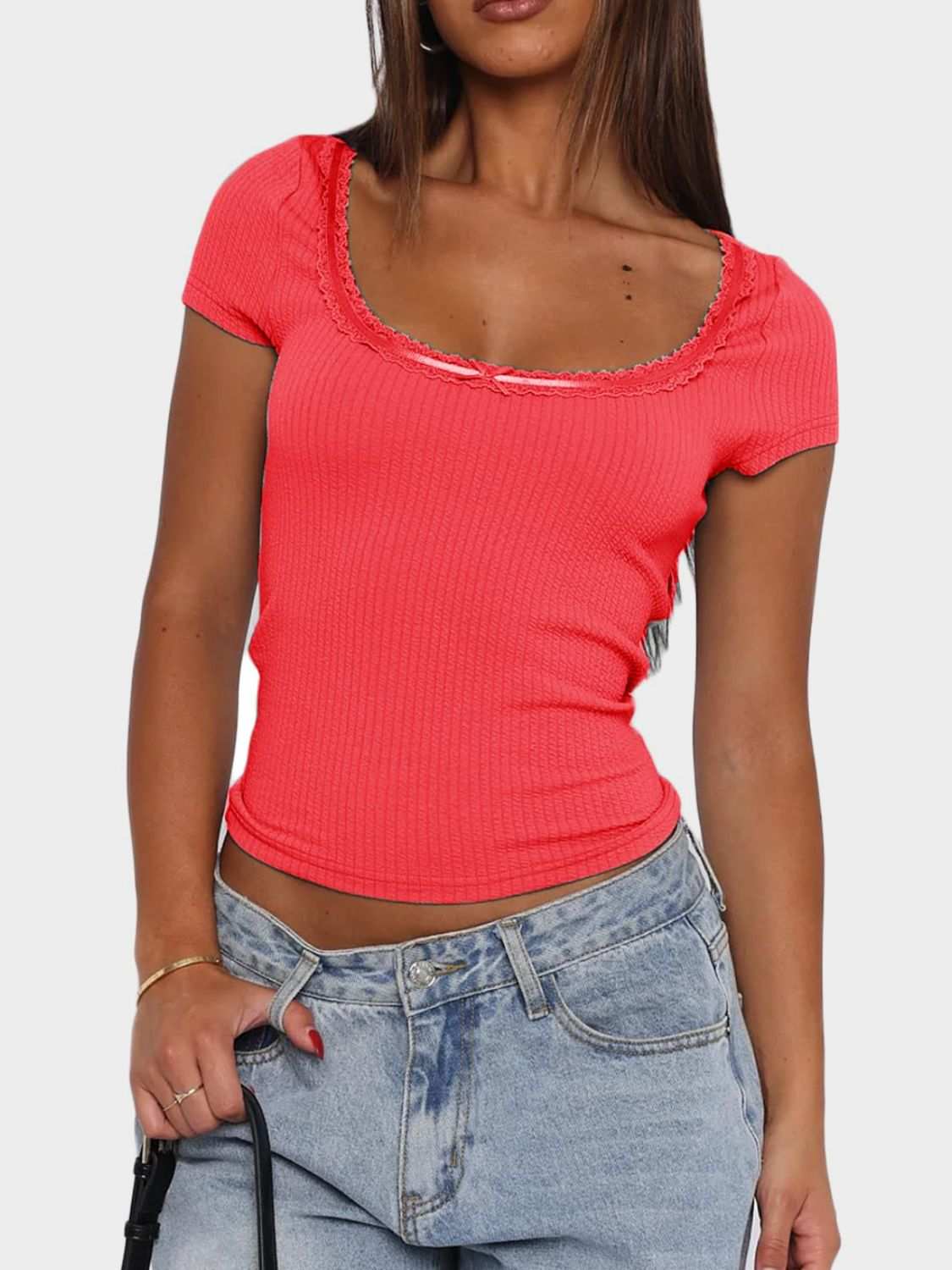 Lace detail scoop neck short sleeve T-shirt in coral color.