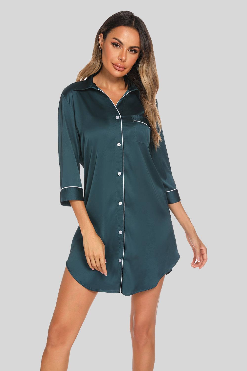 Collared neck night dress with button-up design and pocket, slightly stretchy polyester-spandex blend.