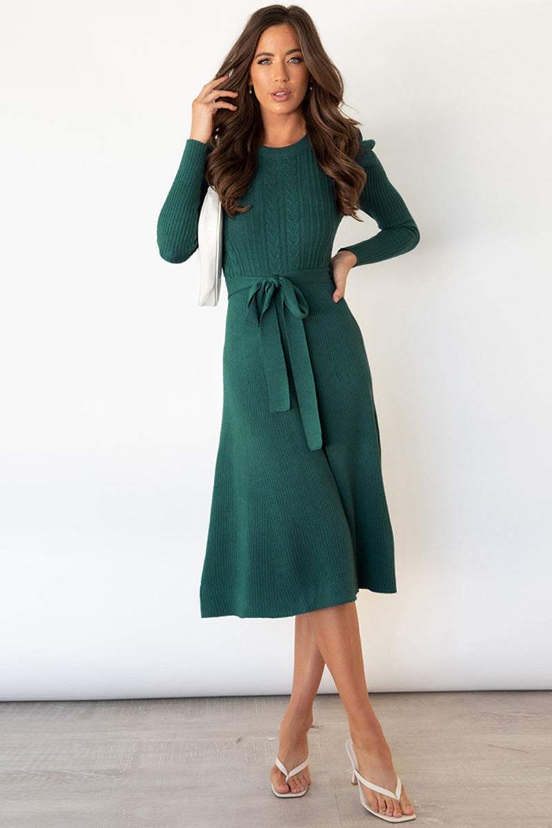 Round neck long sleeve tie waist sweater dress in green, highly stretchy and opaque.