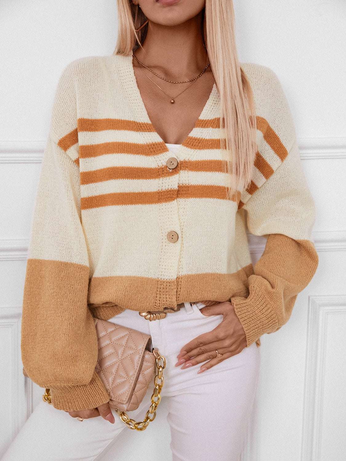 Women’s color block V-neck long sleeve button down cardigan with stripes in beige and brown tones