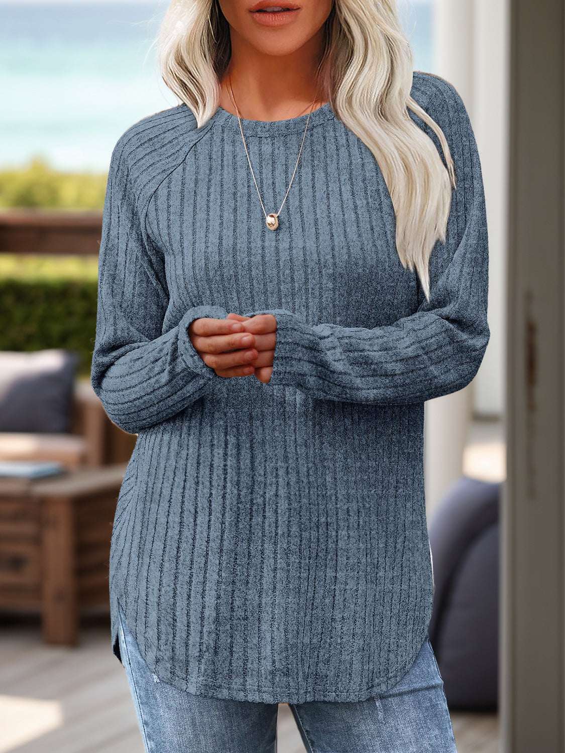 Round neck raglan sleeve t-shirt with slit, slightly stretchy rayon-polyester blend, women’s fashion.