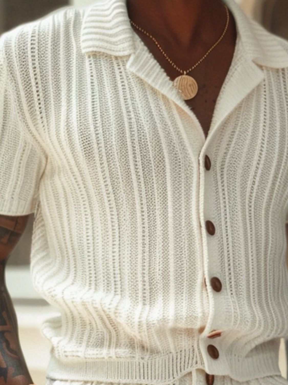 Men's plus size white button down short sleeve top with textured fabric.