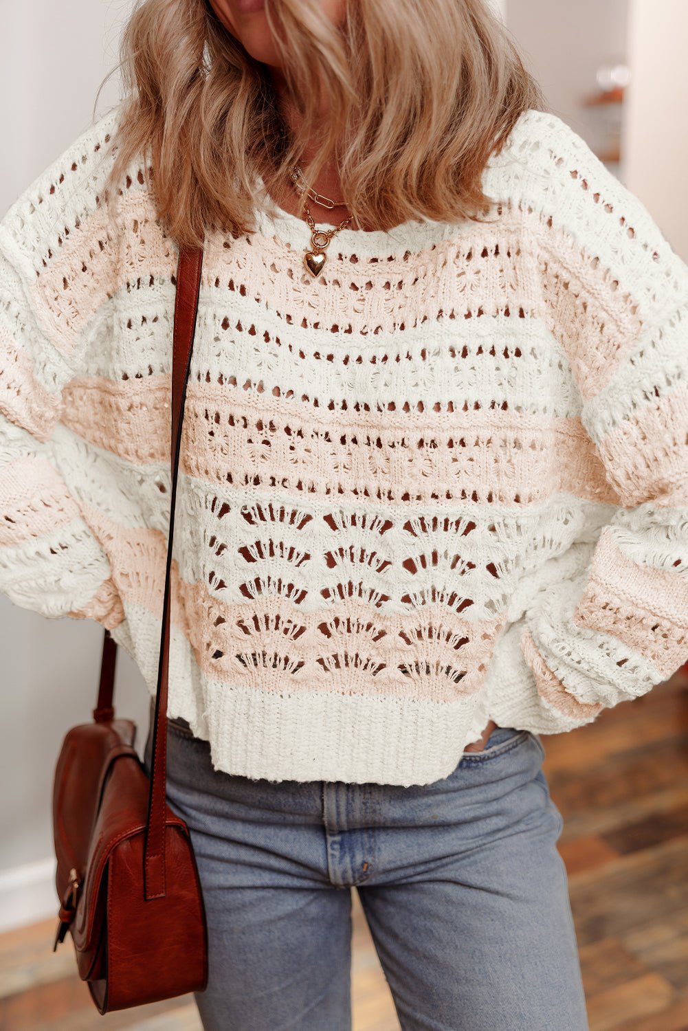 Pink Hollow-out Colorblock Drop Shoulder Casual Sweater