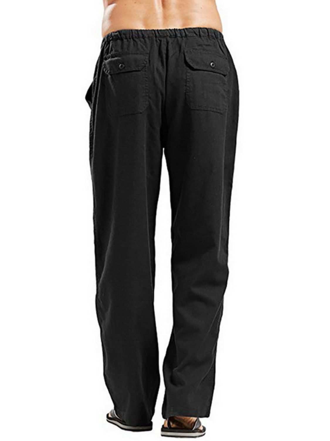 Men's full-size drawstring straight leg pants in black, featuring pockets and a classic style.