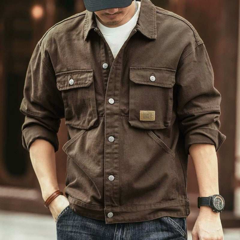 Men's washed collared neck cargo jacket in brown with front buttons and pockets.