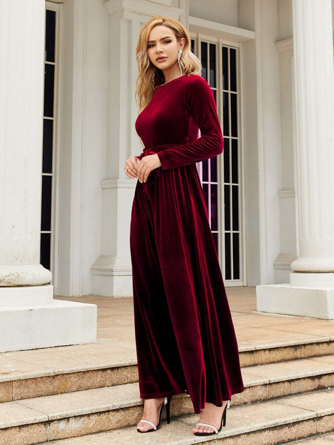 Tie Front Round Neck Long Sleeve Maxi Dress in burgundy, elegant style.