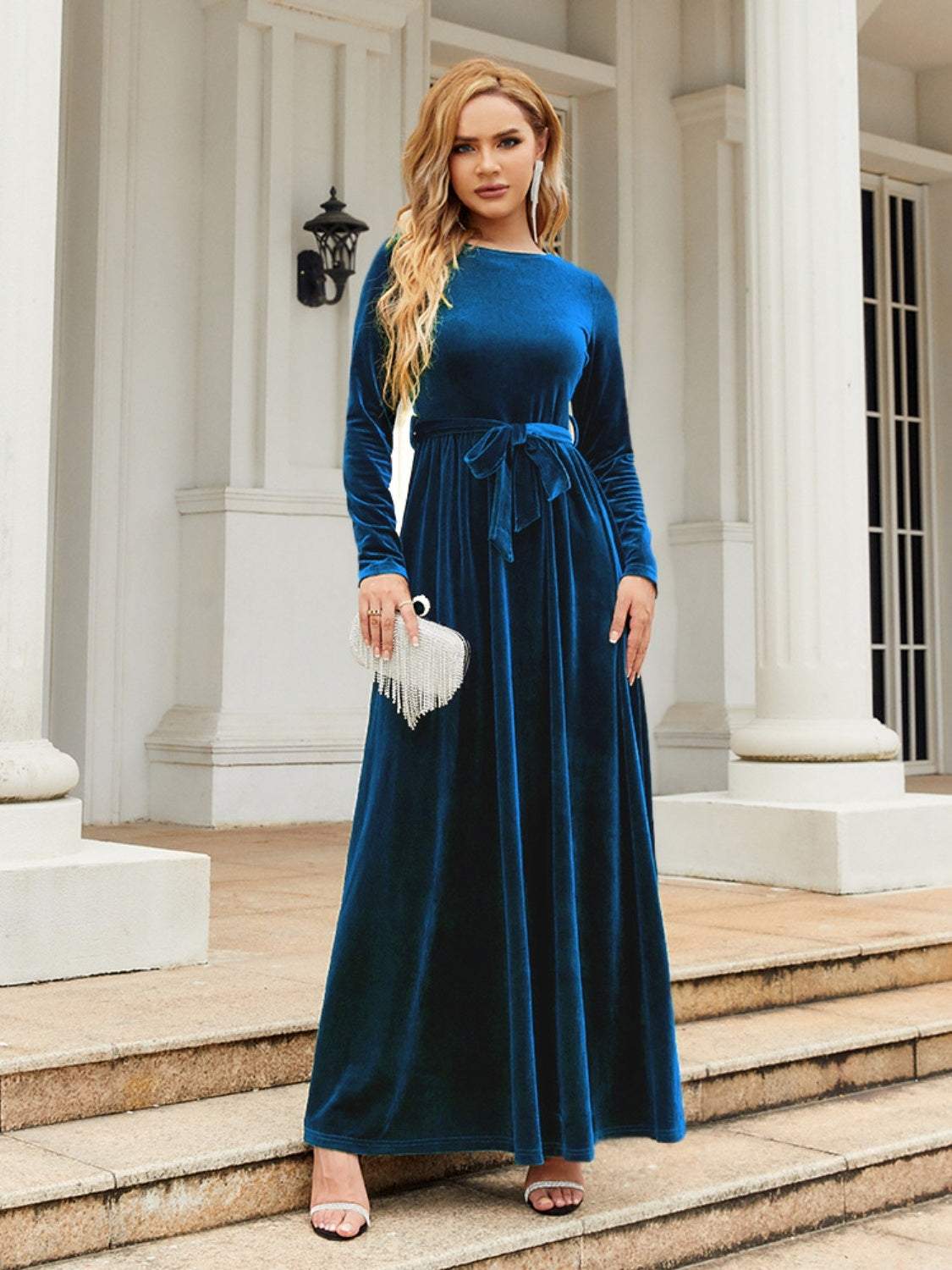 Women's tie front round neck long sleeve maxi dress in blue, made of 100% polyester, stylish and slightly stretchy.