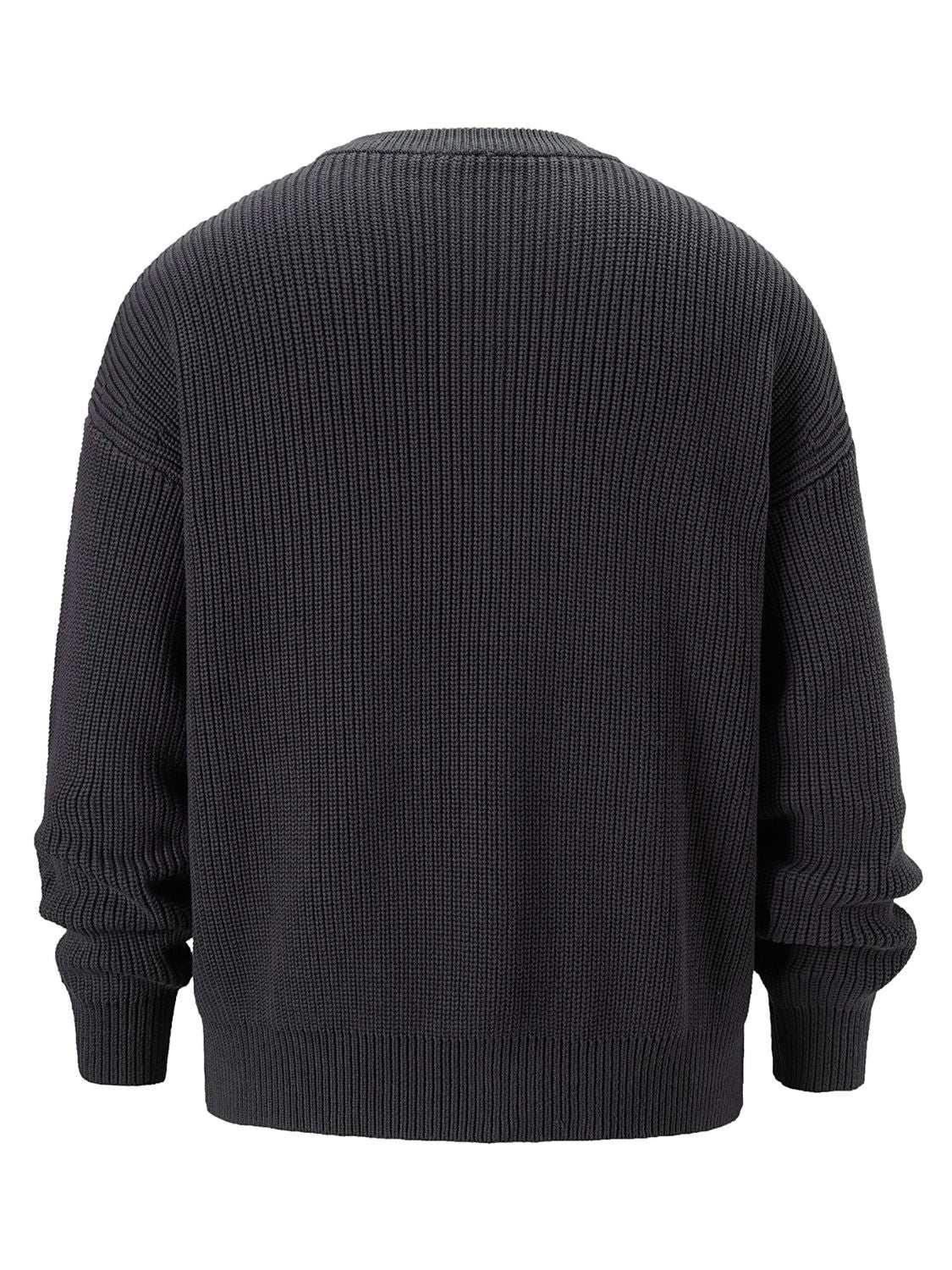 Men's round neck long sleeve sweater, stretchy cotton blend, basic style.