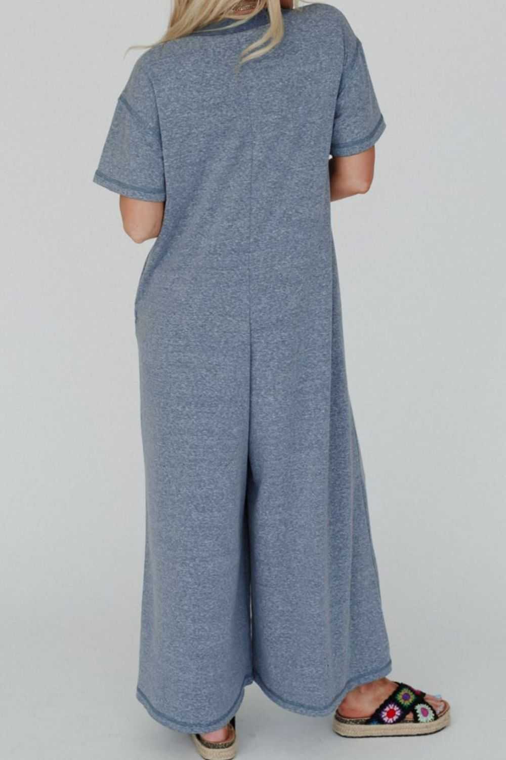 Placket Chest Pockets Short Sleeve Wide Leg Jumpsuit - Securing Secrets Boutique LLC