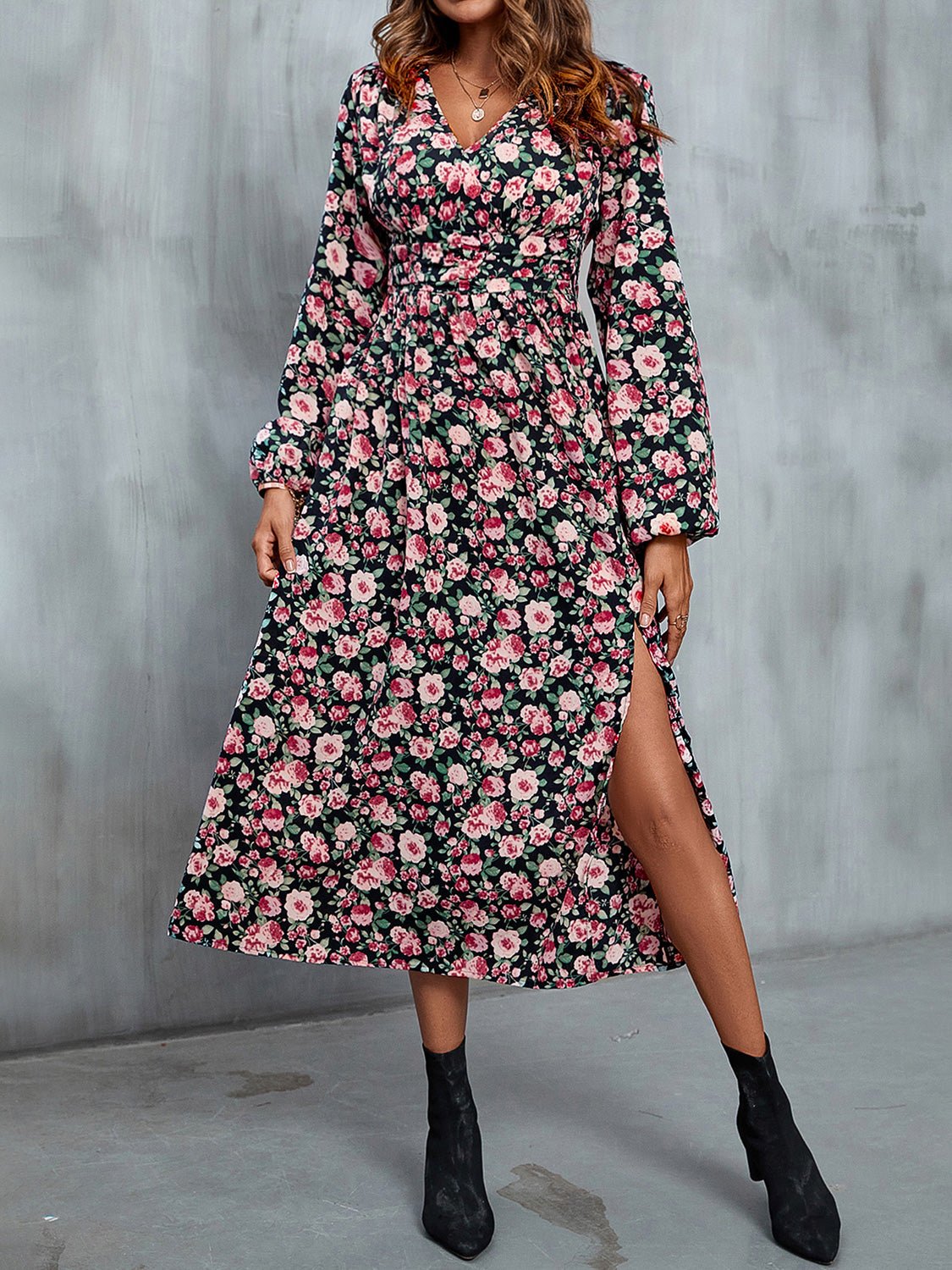 Perfee Floral V-Neck Slit Midi Dress with smocked design and pink floral print.