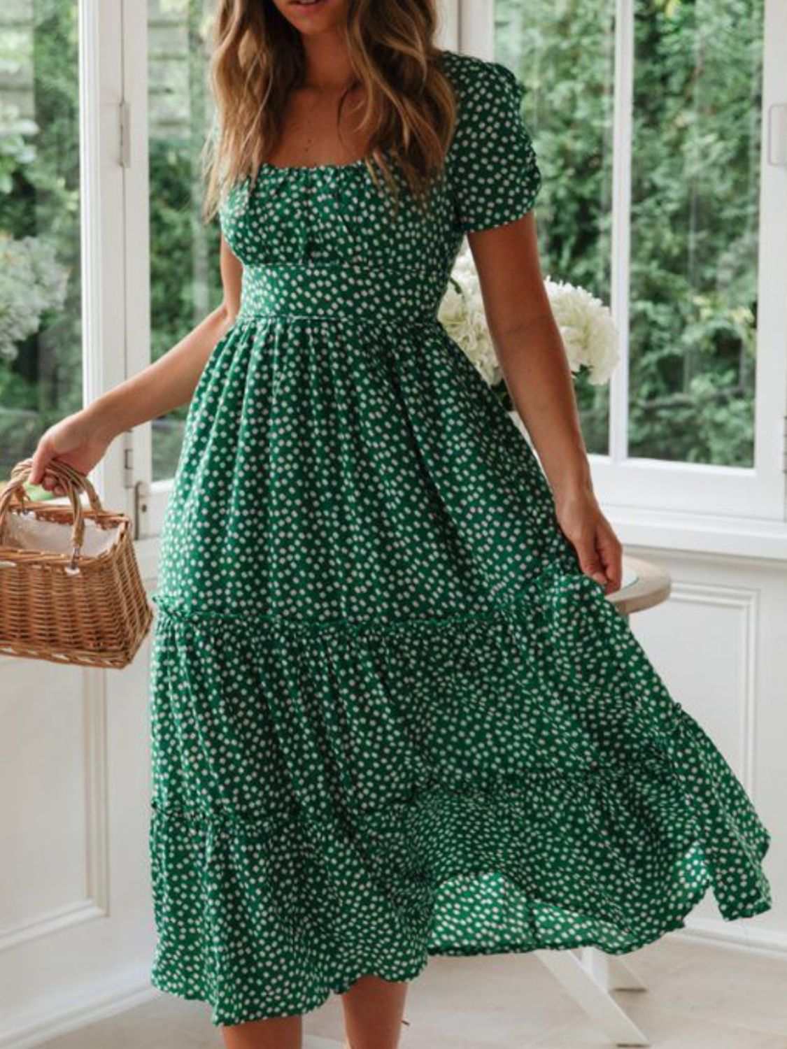 Printed square neck short sleeve midi dress with frill detail in green floral pattern