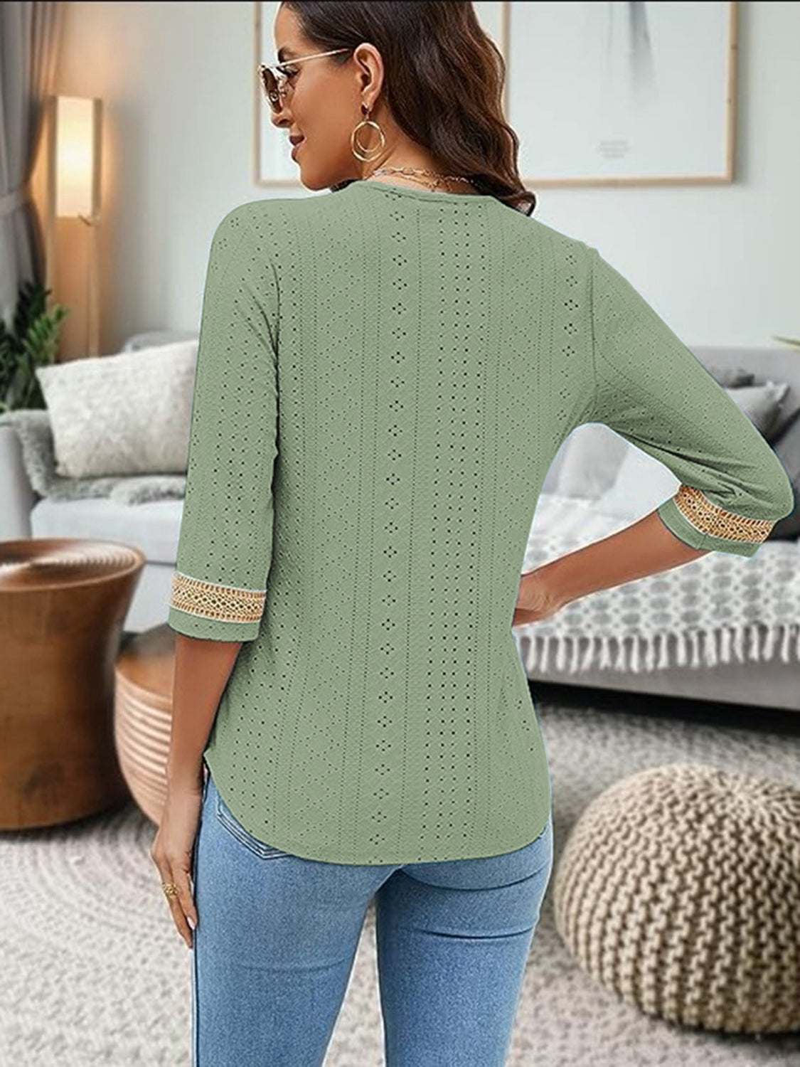 V-Neck Eyelet Blouse in green polyester, three-quarter sleeves, non-stretch fabric.