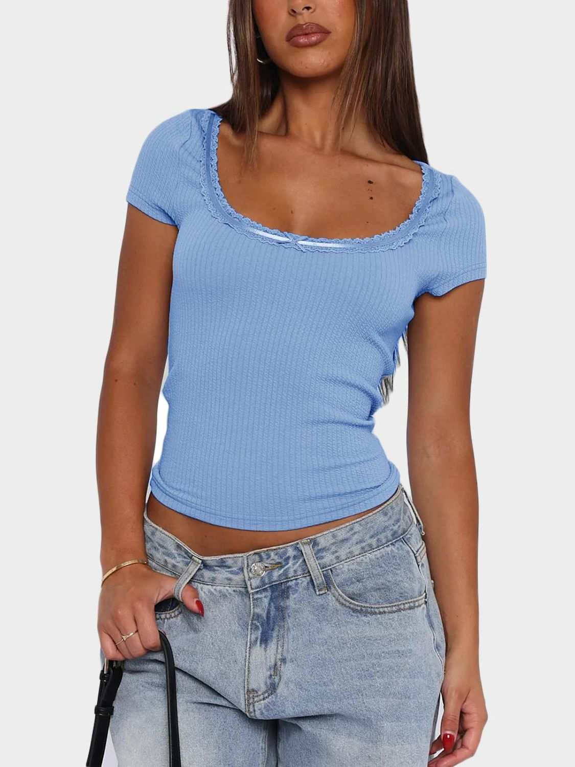 Lace detail scoop neck short sleeve blue T-shirt.