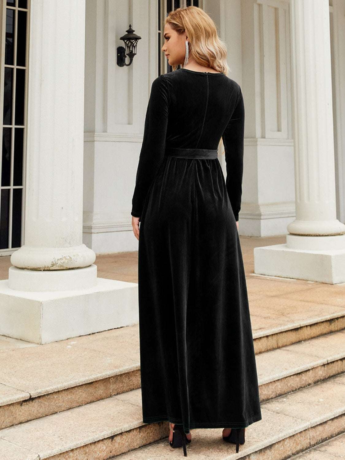 Tie front round neck long sleeve maxi dress in black, elegant style, full back view.