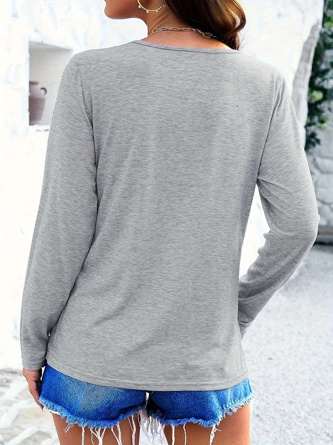 Crisscross V-Neck Long Sleeve T-Shirt in gray, back view.