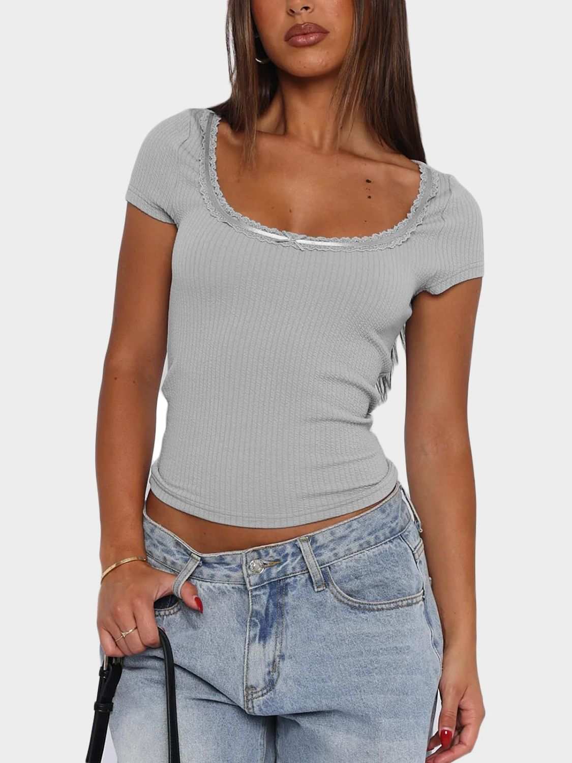 Lace detail scoop neck short sleeve t-shirt, moderate stretch, casual style.