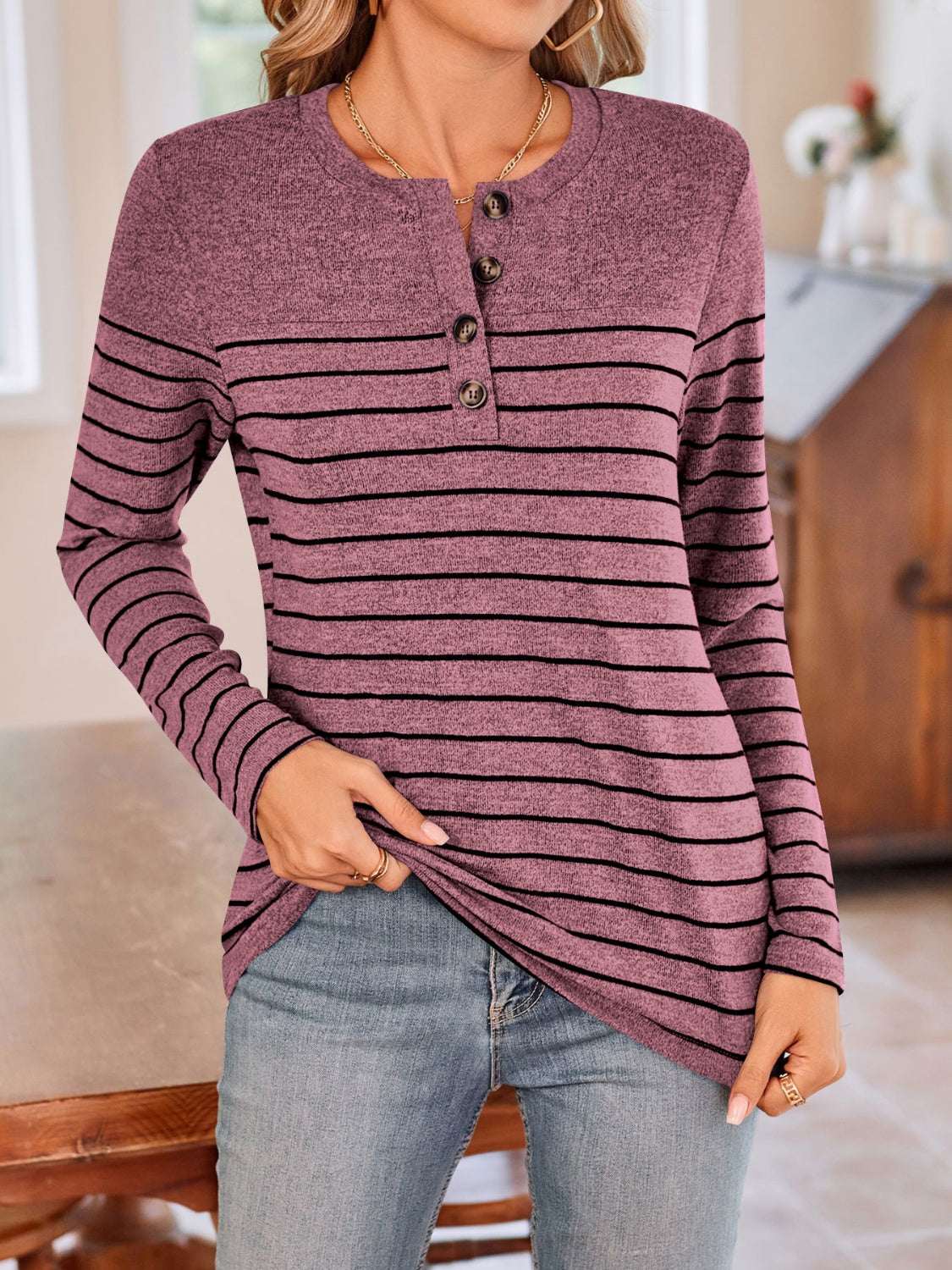 Lovelet Quarter Button Striped Round Neck Long Sleeve T-Shirt in purple with button detail.