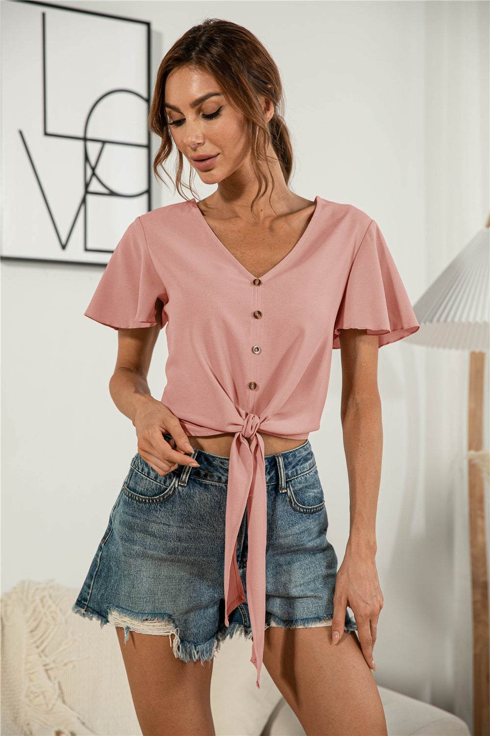 Decorative Button V-Neck Tied Blouse with Flutter Sleeves in Pink
