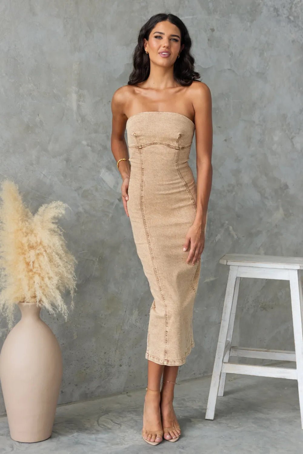 Washed Slit Back Tube Denim Dress - Securing Secrets Boutique LLC