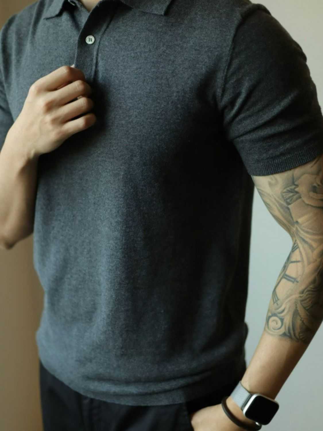 Men's plus size button detail short sleeve polo in dark gray.