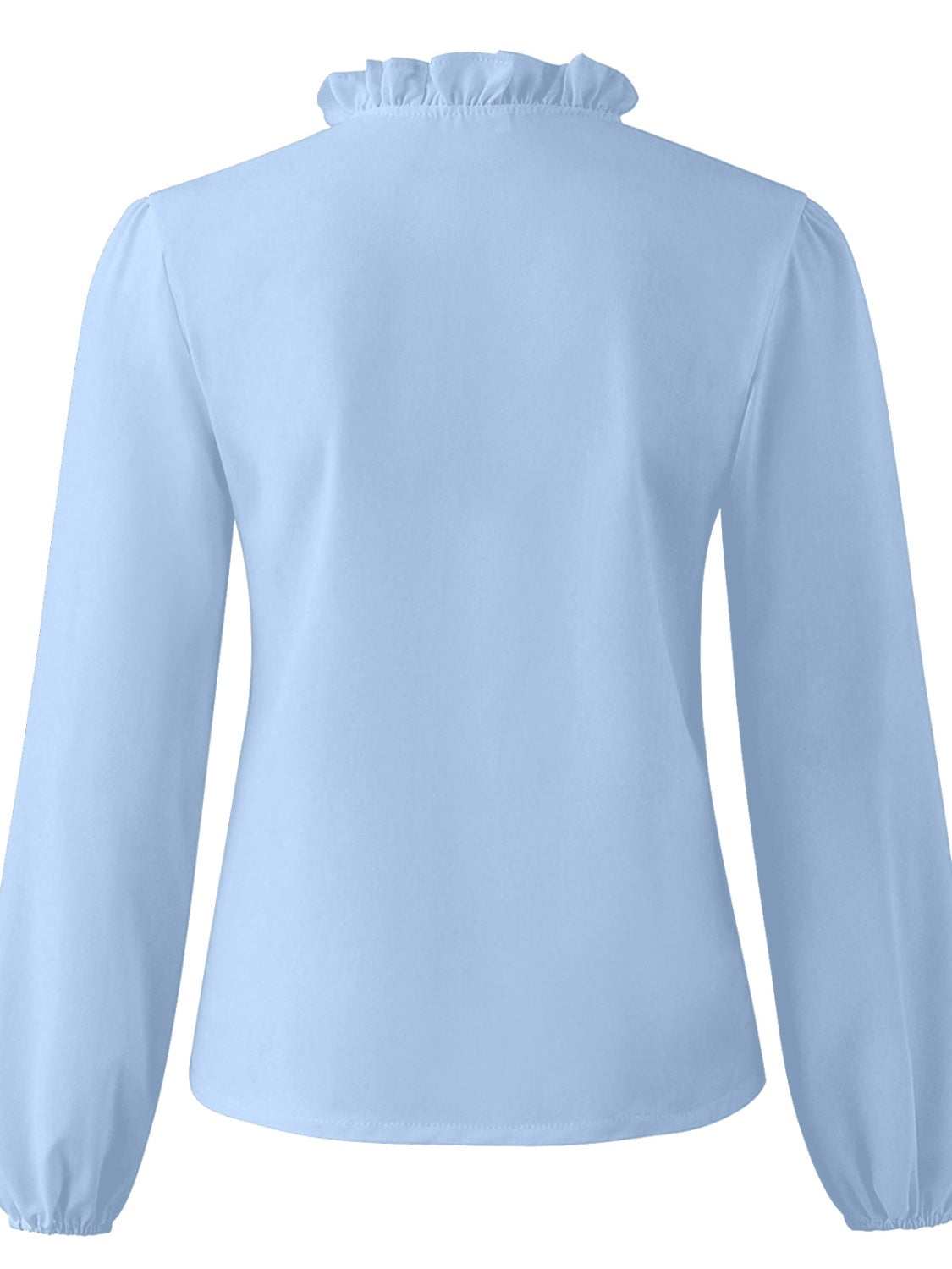 Full Size Ruffled V-Neck Long Sleeve Blouse, light blue, back view.